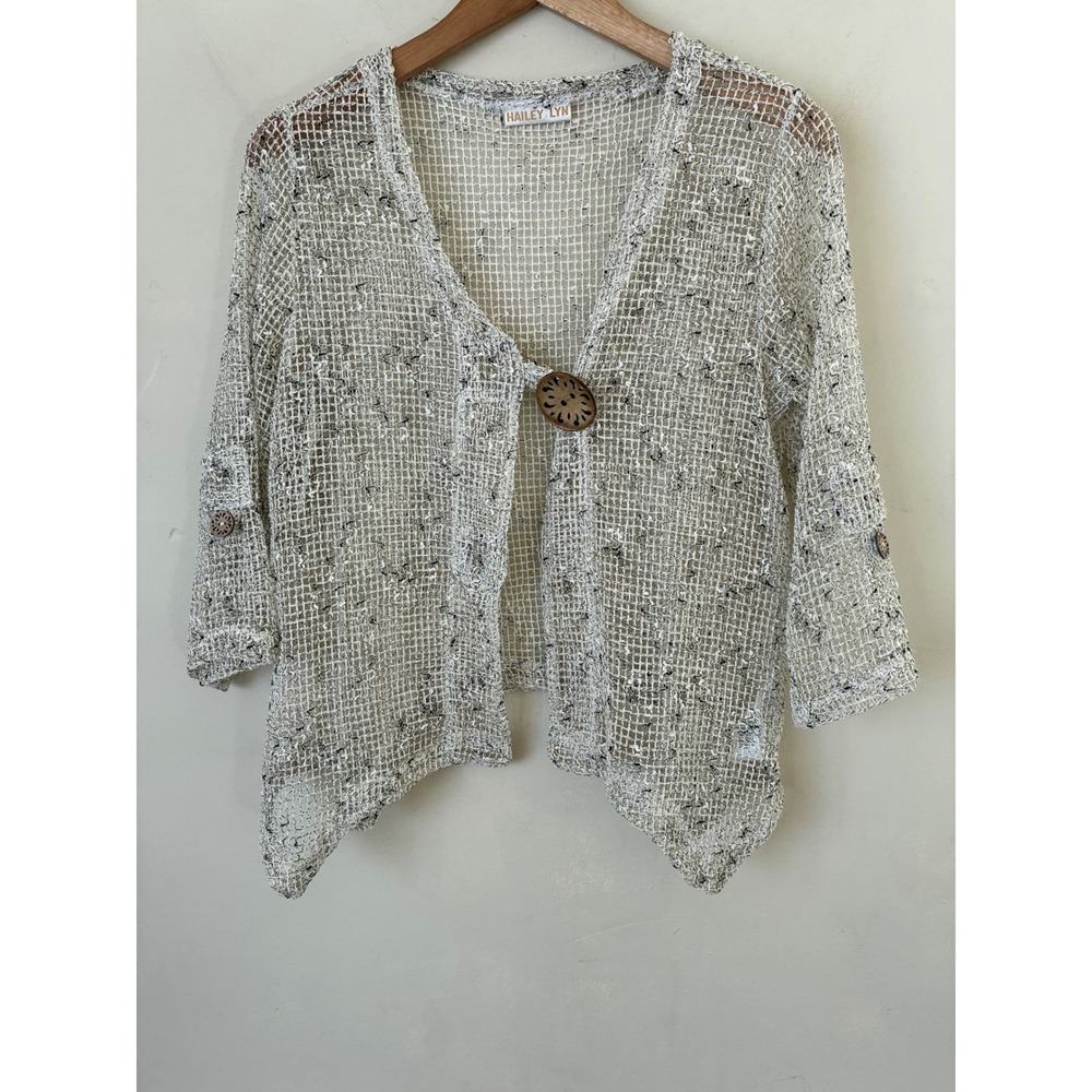 Hailey Lyn Open Knit Cardigan Fairycore Grunge Mesh Button Front Cream Black